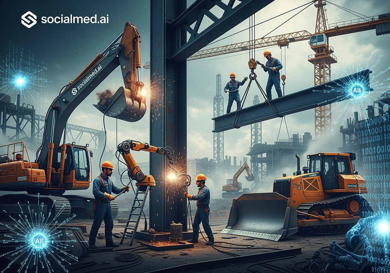 Construction workers collaborating with AI technology and automated machinery